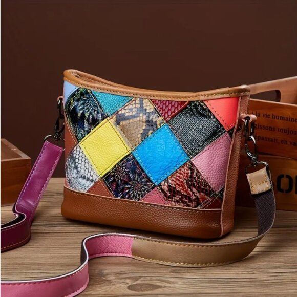 Womens Fashion Crossbody Bag Random Color Patchwork Shoulder Bag Leather Fabric - Picture 1 of 11